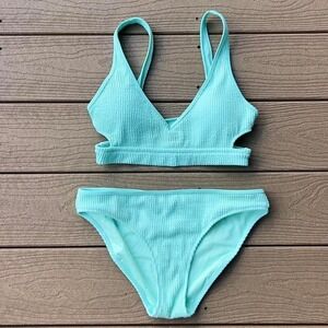 Aerie Blue Scoop Bikini Swimsuit Set Size Medium Ribbed 2 PC Swimwear